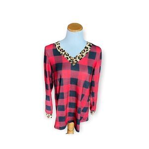 Womens Boutique Southern Stitch Buffalo Plaid & Leopard Print Top Blouse  - Sz S